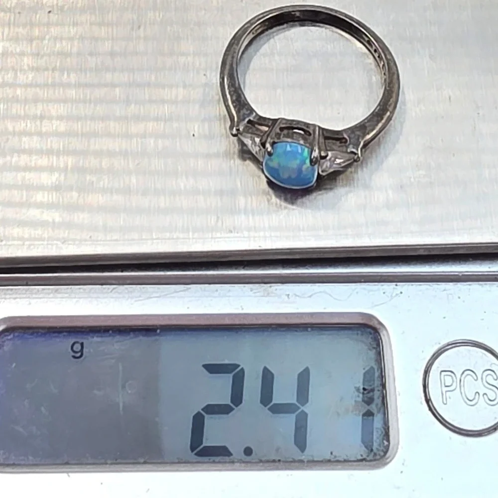Sterling Silver‎ 925 Blue Opal Trillion CZ Three Stone Ring Size 6.25 Oxidized